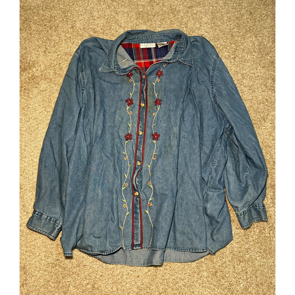 Vintage Victoria Jones Woman Women's Blue Denim Embroidered Button-Up Shirt 28